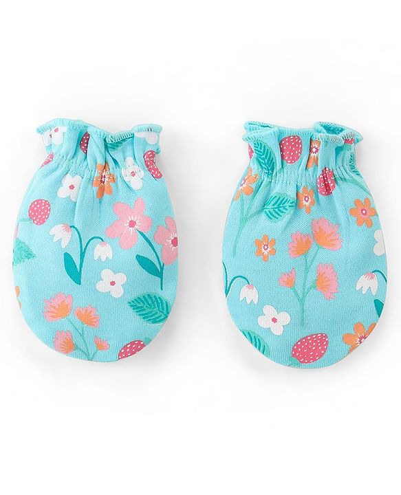 Babyhug 100% Cotton Knit Cap Mittens And Booties Floral Print - Blue