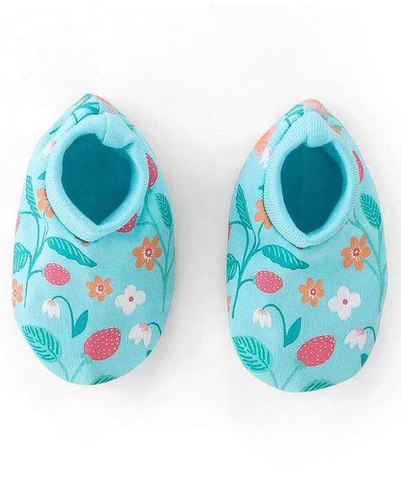 Babyhug 100% Cotton Knit Cap Mittens And Booties Floral Print - Blue