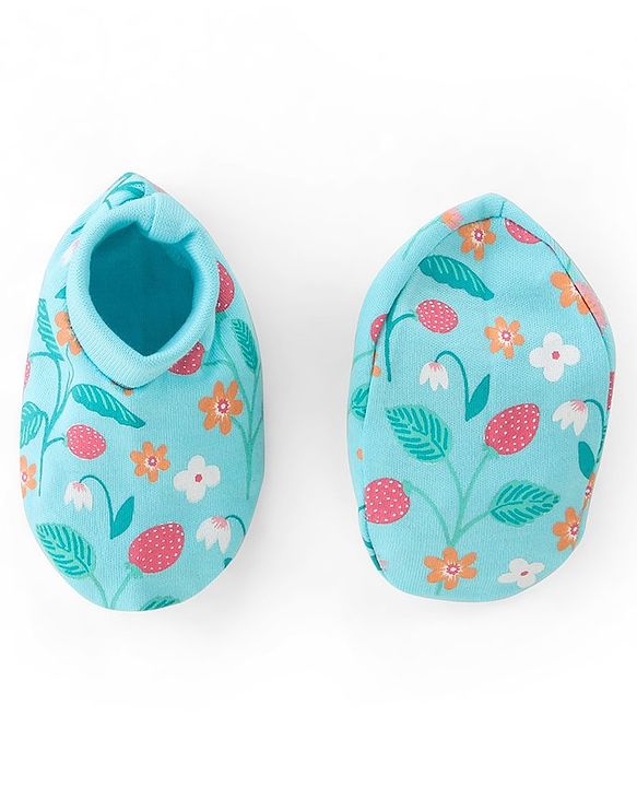 Babyhug 100% Cotton Knit Cap Mittens And Booties Floral Print - Blue