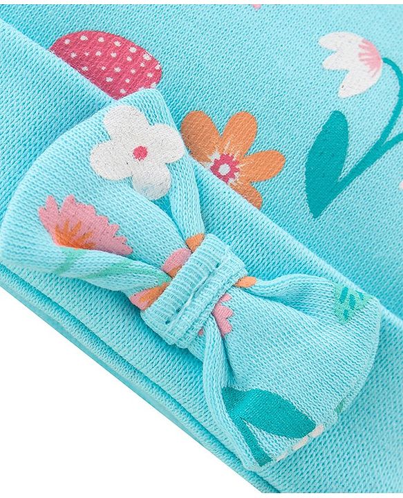 Babyhug 100% Cotton Knit Cap Mittens And Booties Floral Print - Blue