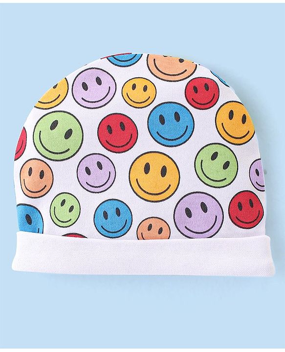 Babyhug 100% Cotton Knit Cap Mittens And Booties Smiley Print - Multicolor