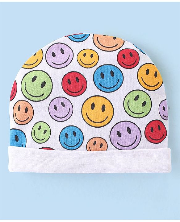 Babyhug 100% Cotton Knit Cap Mittens And Booties Smiley Print - Multicolor