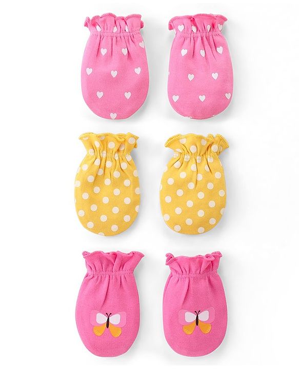 Babyhug 100% Cotton Knit Mittens With Polka Dot Print Pack of 3 - Multicolour