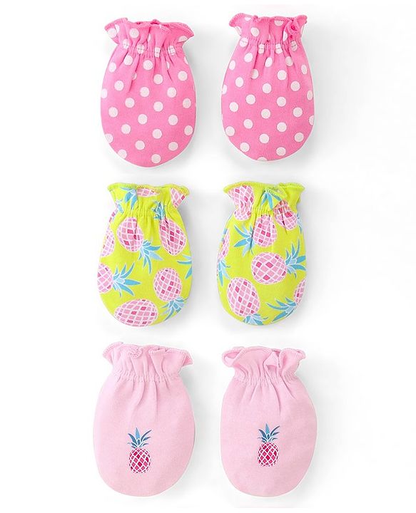 Babyhug 100% Cotton Knit Mittens With Polka Dot Print Pack of 3 - Multicolour