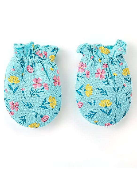 Babyhug Cotton Mittens & Booties Set Floral Print - Blue