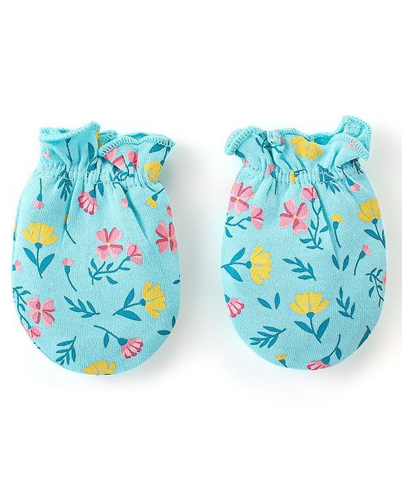 Babyhug Cotton Mittens & Booties Set Floral Print - Blue