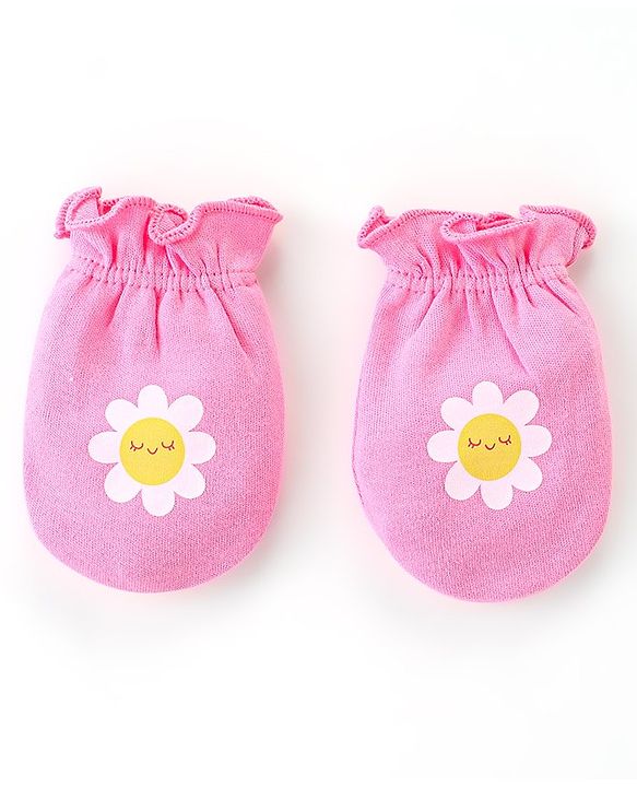 Babyhug 100% Cotton Knit Mittens and Booties Floral Print - Pink