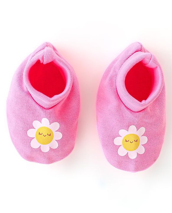 Babyhug 100% Cotton Knit Mittens and Booties Floral Print - Pink