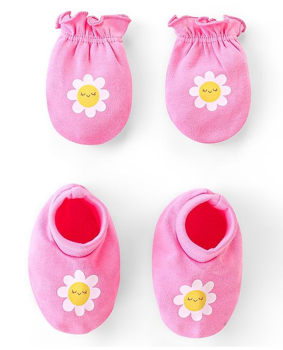Babyhug 100% Cotton Knit Mittens and Booties Floral Print - Pink