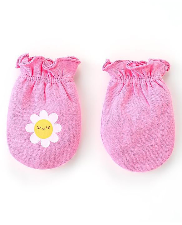 Babyhug 100% Cotton Knit Mittens and Booties Floral Print - Pink