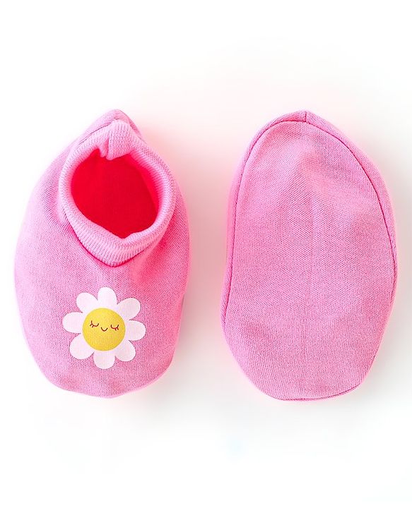 Babyhug 100% Cotton Knit Mittens and Booties Floral Print - Pink