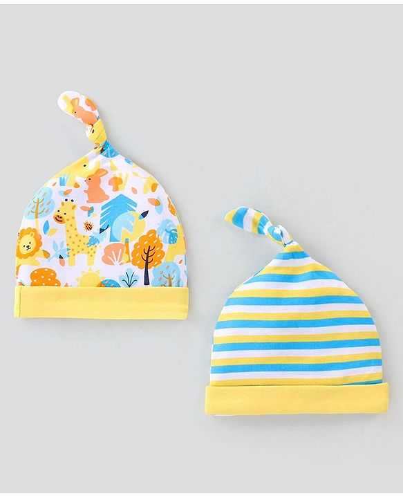Babyhug 100% Cotton Knit Cap Animal Print Pack of 2 - Blue & Yellow