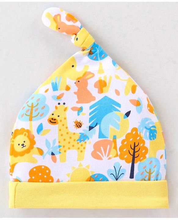 Babyhug 100% Cotton Knit Cap Animal Print Pack of 2 - Blue & Yellow