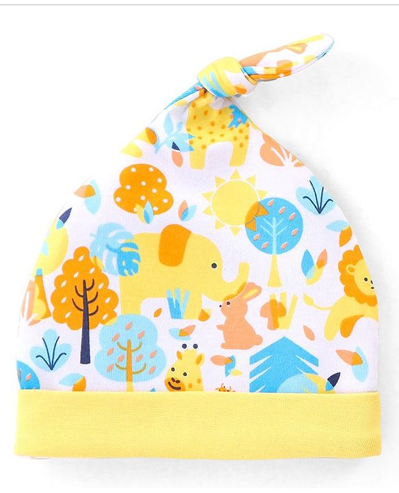 Babyhug 100% Cotton Knit Cap Animal Print Pack of 2 - Blue & Yellow