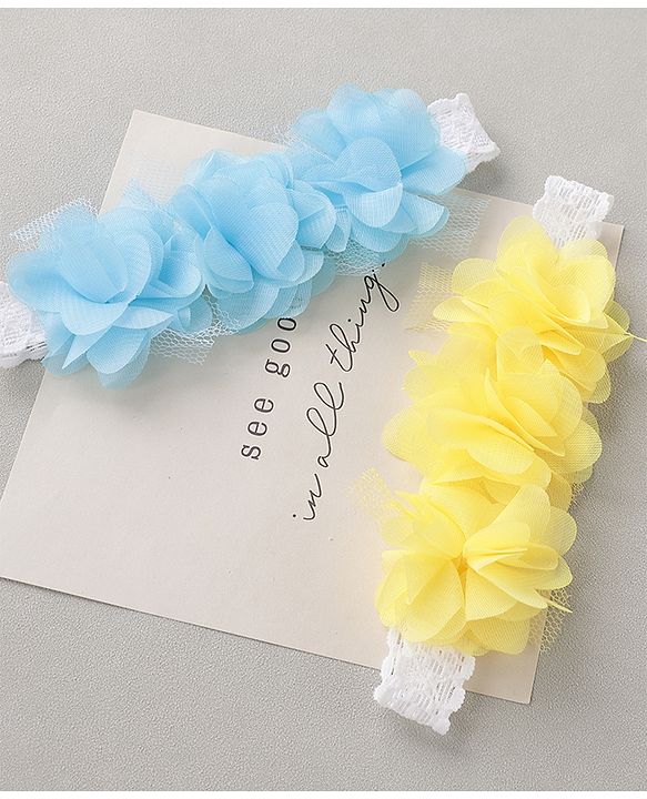 Babyhug Free Size Headbands With Flower Applique Pack of 2 - Blue & Yellow