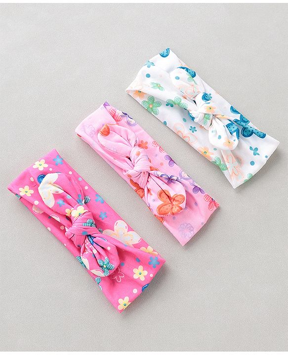 Babyhug Free Size Headbands With Bow Applique Pack of 3 - Pink & White
