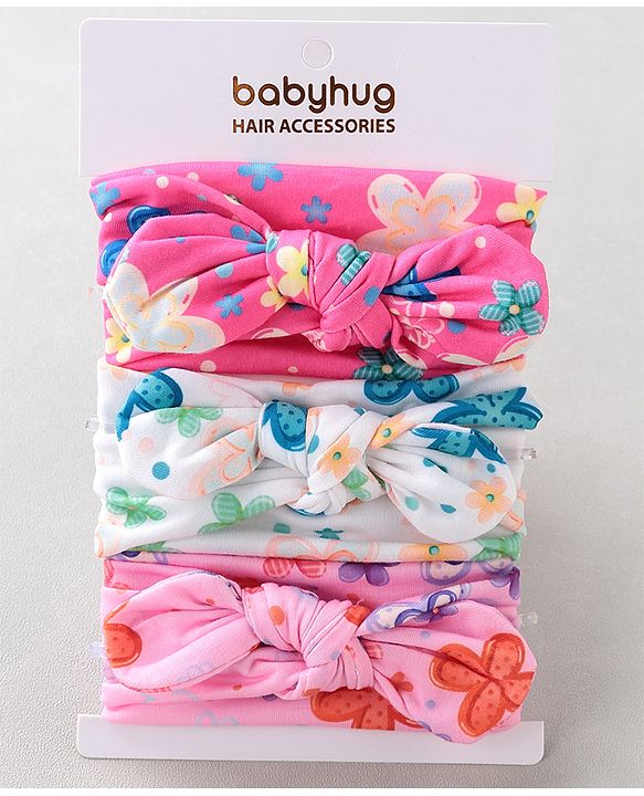 Babyhug Free Size Headbands With Bow Applique Pack of 3 - Pink & White