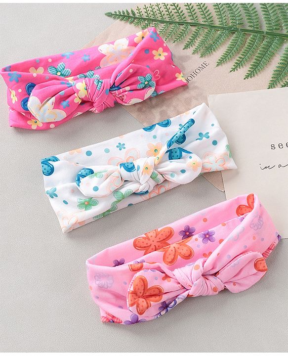 Babyhug Free Size Headbands With Bow Applique Pack of 3 - Pink & White