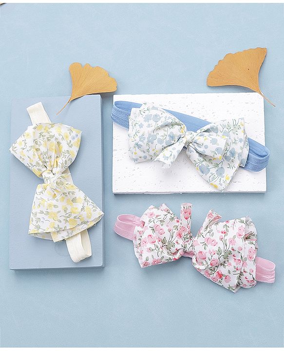 Babyhug Free Size Headbands With Bow Applique Pack of 3 - Pink Blue & Yellow