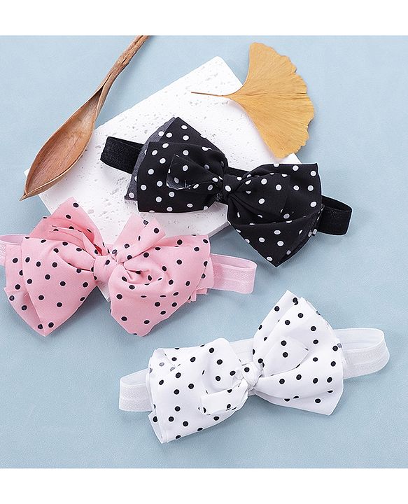 Babyhug Bow Applique Headbands Pack of 3 - Pink White & Black