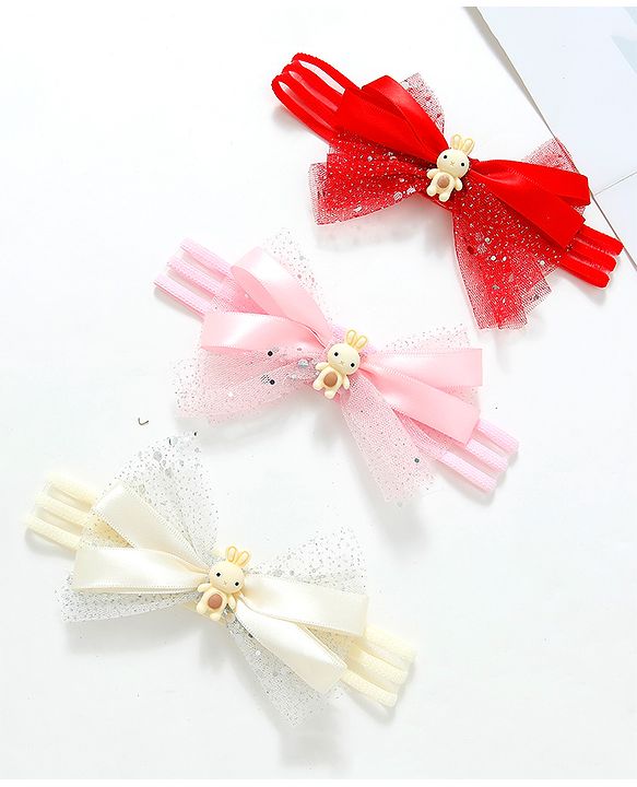 Babyhug Free Size Headbands With Bow Applique Pack of 3 - Pink Red & White
