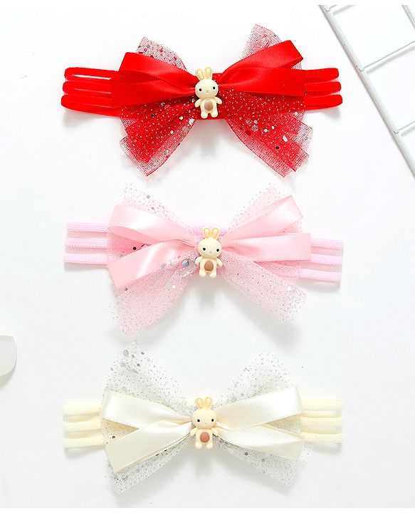 Babyhug Free Size Headbands With Bow Applique Pack of 3 - Pink Red & White