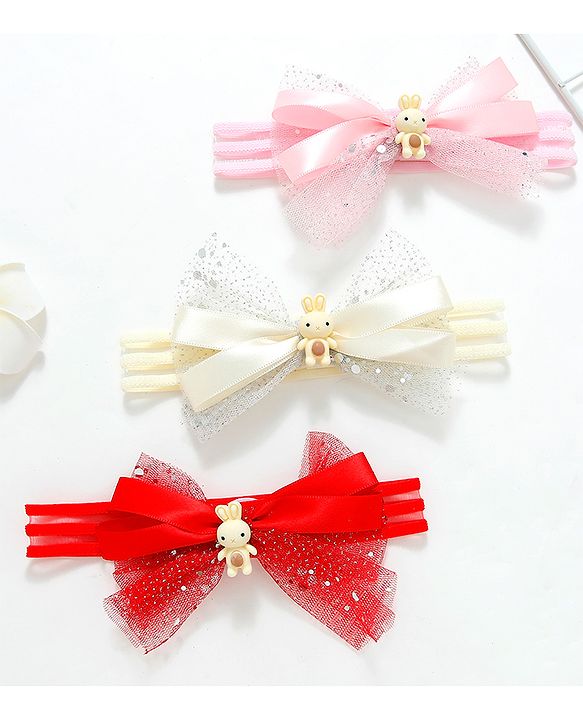 Babyhug Free Size Headbands With Bow Applique Pack of 3 - Pink Red & White