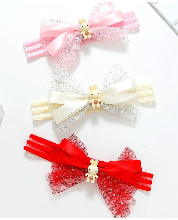 Babyhug Free Size Headbands With Bow Applique Pack of 3 - Pink Red & White