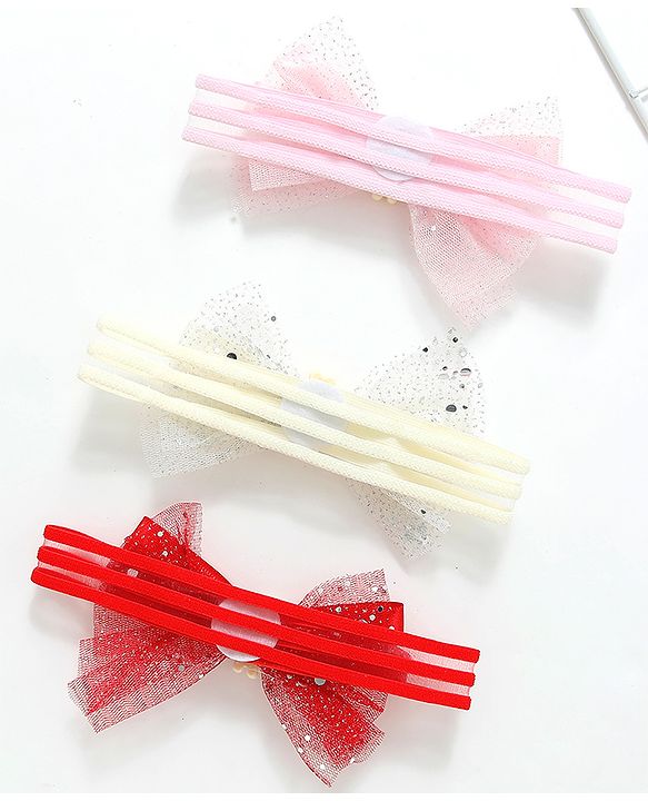 Babyhug Free Size Headbands With Bow Applique Pack of 3 - Pink Red & White