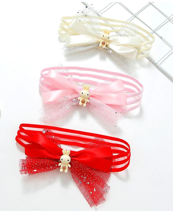 Babyhug Free Size Headbands With Bow Applique Pack of 3 - Pink Red & White
