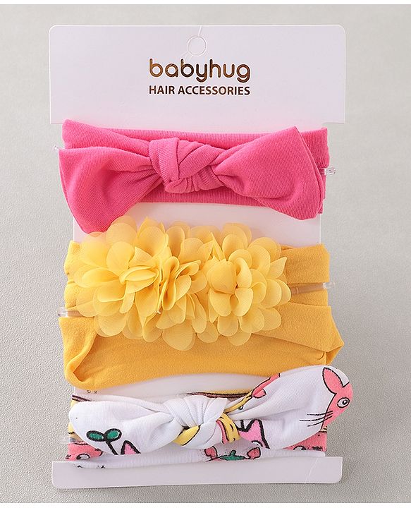 Babyhug Free Size Headbands With Flower & Bow Applique Pack of 3 - Pink Yellow & White