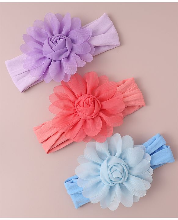 Babyhug Free Size Headbands With Flower Applique Pack of 3 - Red Blue & Purple