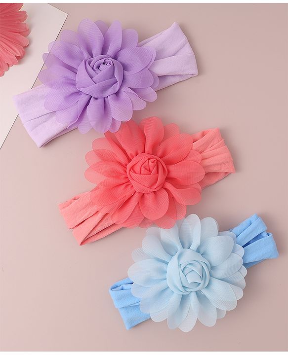 Babyhug Free Size Headbands With Flower Applique Pack of 3 - Red Blue & Purple