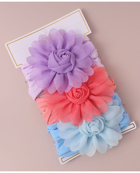 Babyhug Free Size Headbands With Flower Applique Pack of 3 - Red Blue & Purple