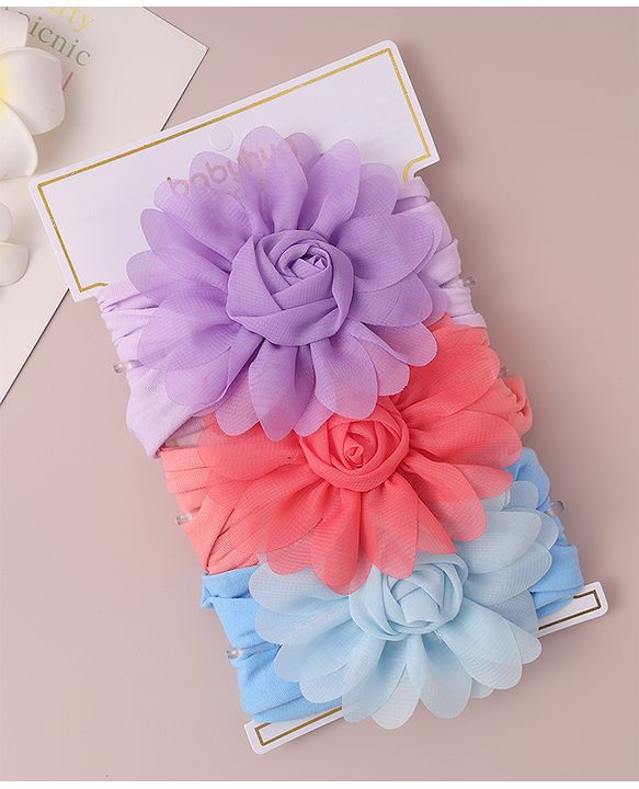 Babyhug Free Size Headbands With Flower Applique Pack of 3 - Red Blue & Purple