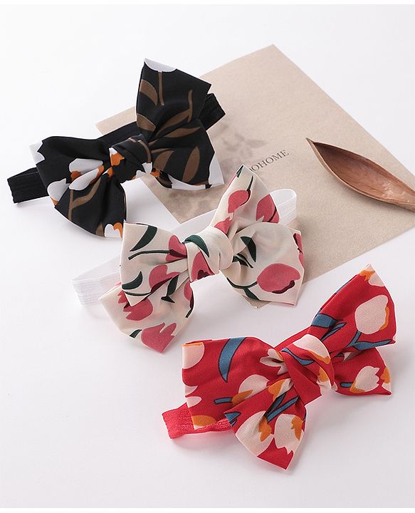Babyhug Bow Applique Headbands Pack of 3 - Black White & Red