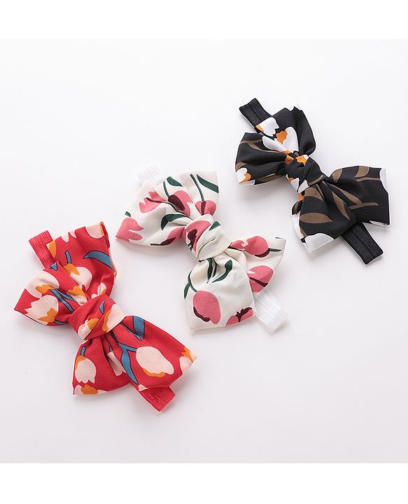 Babyhug Bow Applique Headbands Pack of 3 - Black White & Red