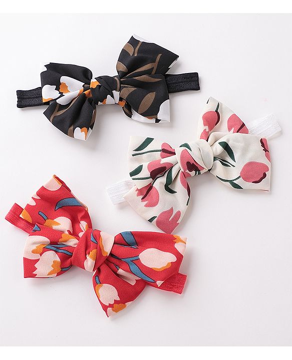 Babyhug Bow Applique Headbands Pack of 3 - Black White & Red