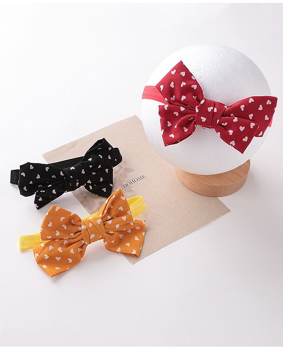 Babyhug Bow Applique Headbands Pack of 3 - Red Black & Mustard