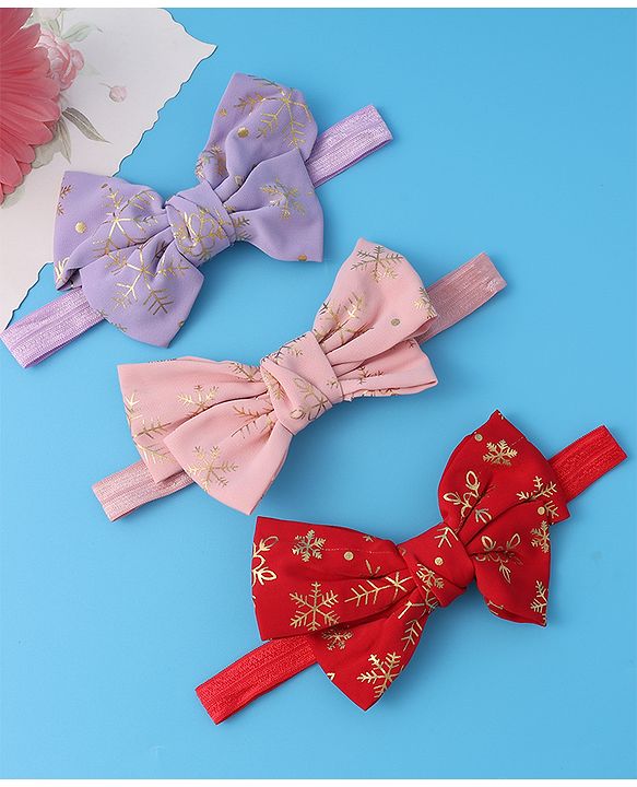 Babyhug Free Size Headbands With Bow Applique Pack of 3 - Red Pink & Purple
