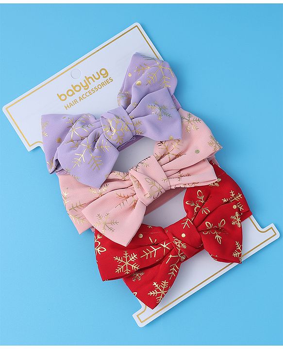 Babyhug Free Size Headbands With Bow Applique Pack of 3 - Red Pink & Purple