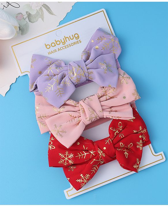 Babyhug Free Size Headbands With Bow Applique Pack of 3 - Red Pink & Purple
