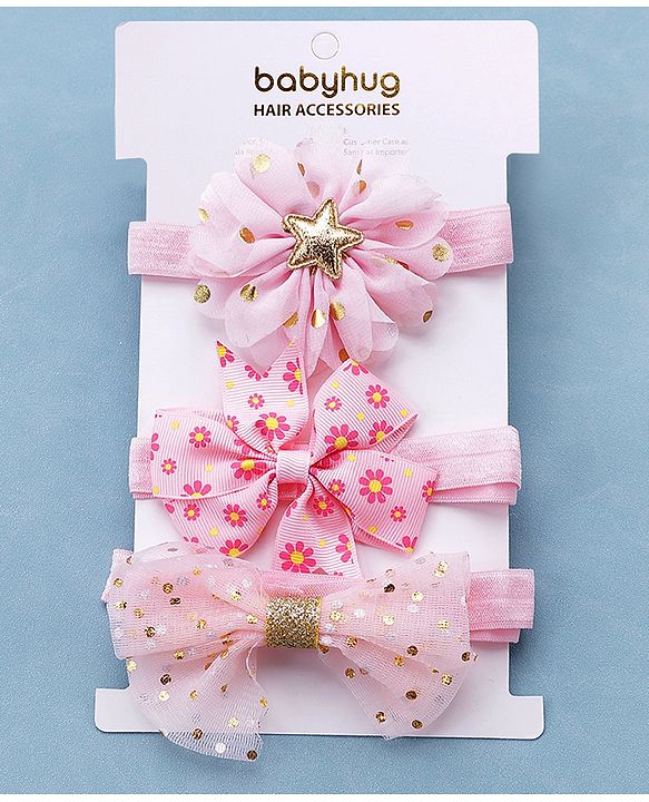 Babyhug Free Size Headbands With Bow & Floral Applique Pack of 3 - Pink