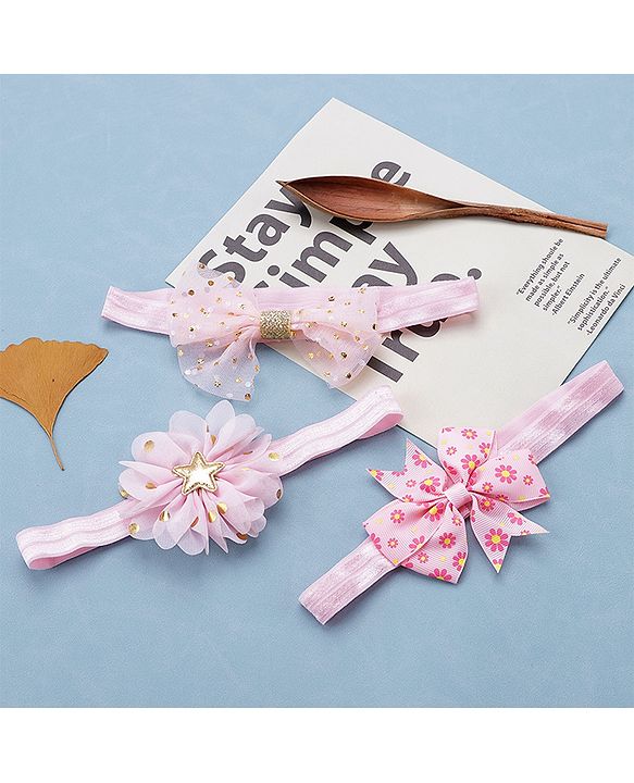 Babyhug Free Size Headbands With Bow & Floral Applique Pack of 3 - Pink