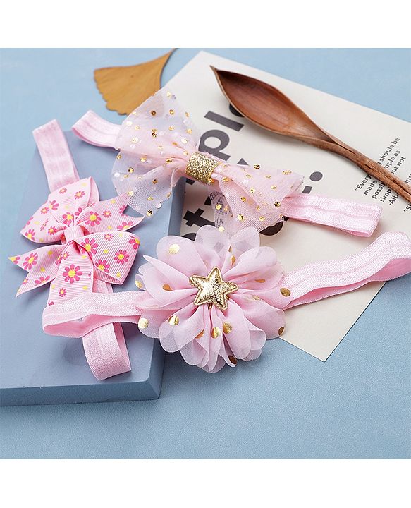 Babyhug Free Size Headbands With Bow & Floral Applique Pack of 3 - Pink