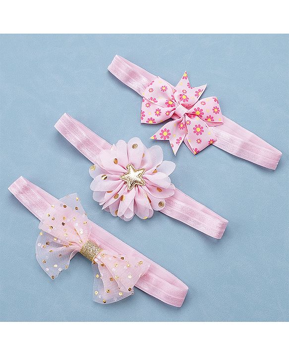 Babyhug Free Size Headbands With Bow & Floral Applique Pack of 3 - Pink