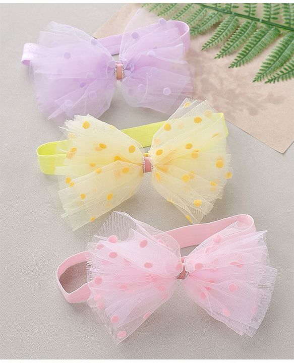 Babyhug Free Size Headbands With Bow Applique Pack of 3 - Pink Purple & Yellow