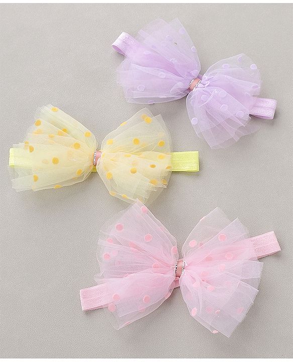 Babyhug Free Size Headbands With Bow Applique Pack of 3 - Pink Purple & Yellow
