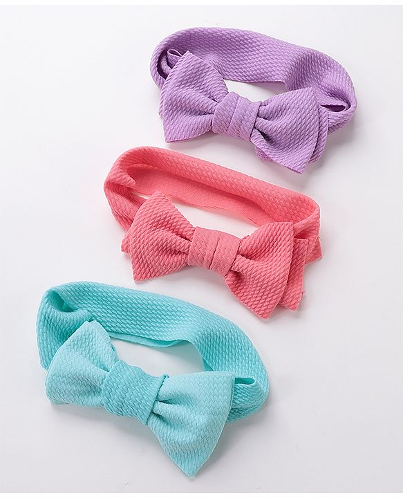 Babyhug Free Size Headbands With Bow Applique Pack of 3 - Pink Purple & Blue