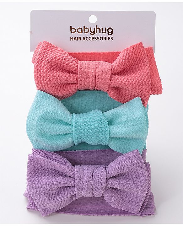 Babyhug Free Size Headbands With Bow Applique Pack of 3 - Pink Purple & Blue